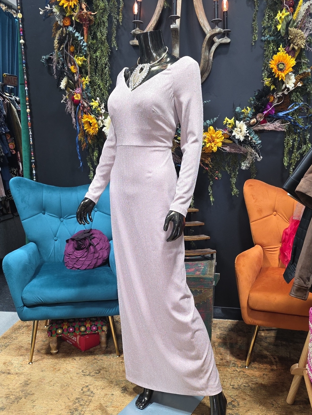Calvin Klein Long-Sleeve V-Neck Evening Maxi Dress in Silver & Blush